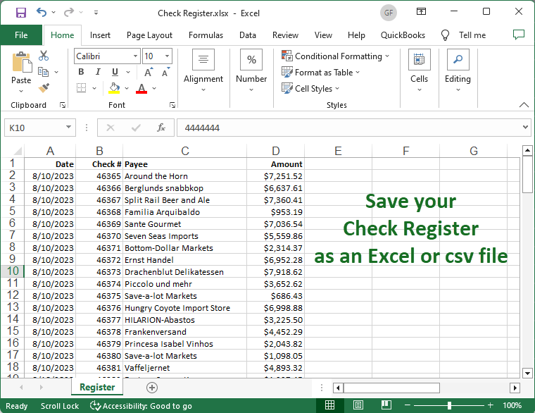 Sample Excel file used to create positive pay files