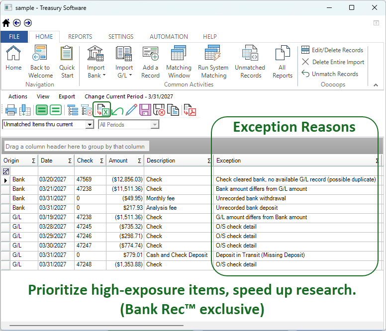 Identify, Track and Resolve Exceptions within a Bank Account Reconciliation